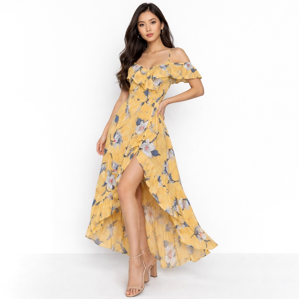 Hint of Blush Yellow Gardenia Floral Ruffle Maxi High Low Dress